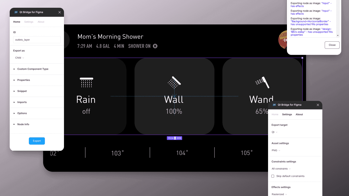 Image of the component in Figma with screenshots of the QT Design Bridge.