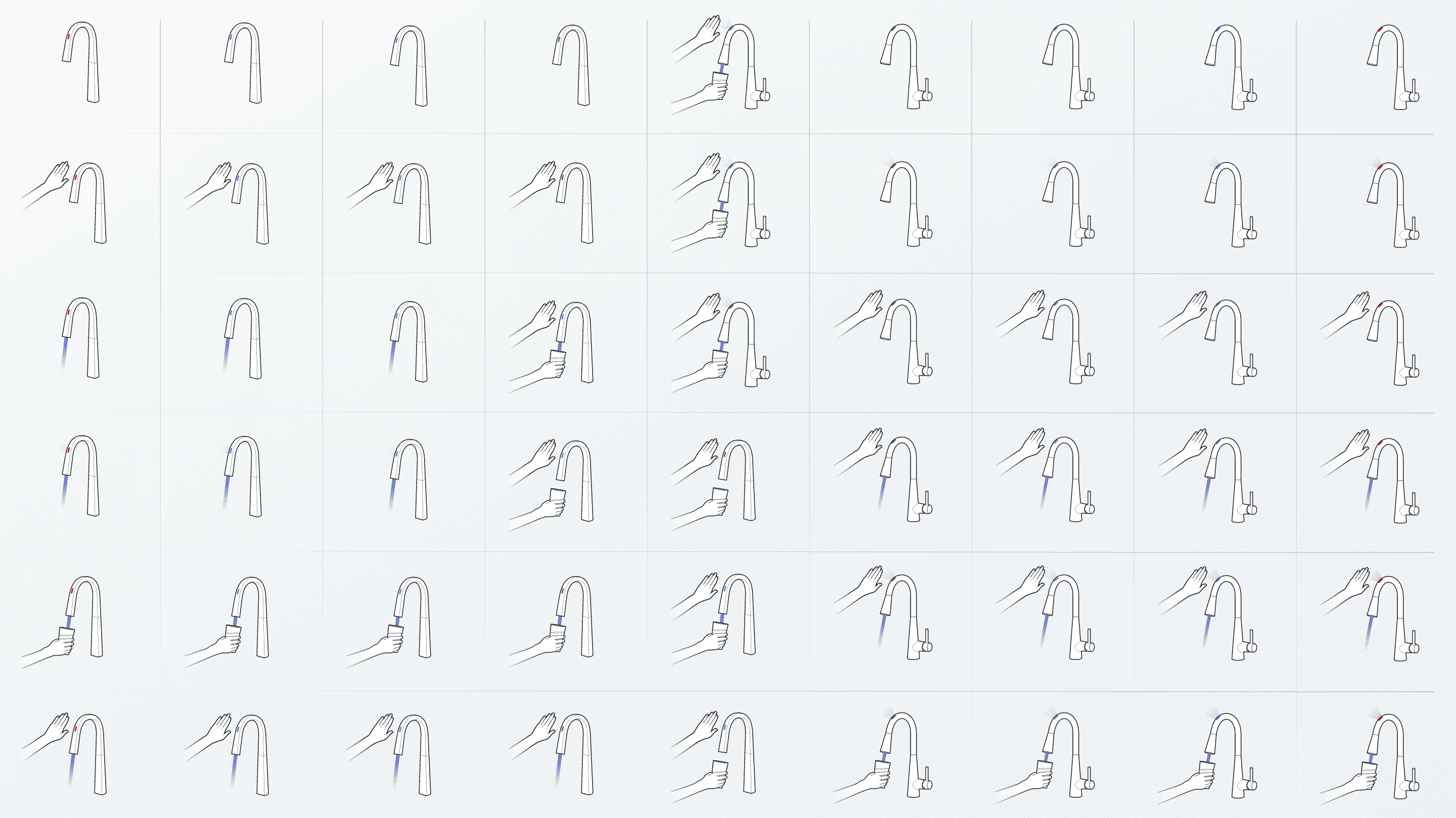 Collection of gesture illustrations with all faucet states and hand gestures.