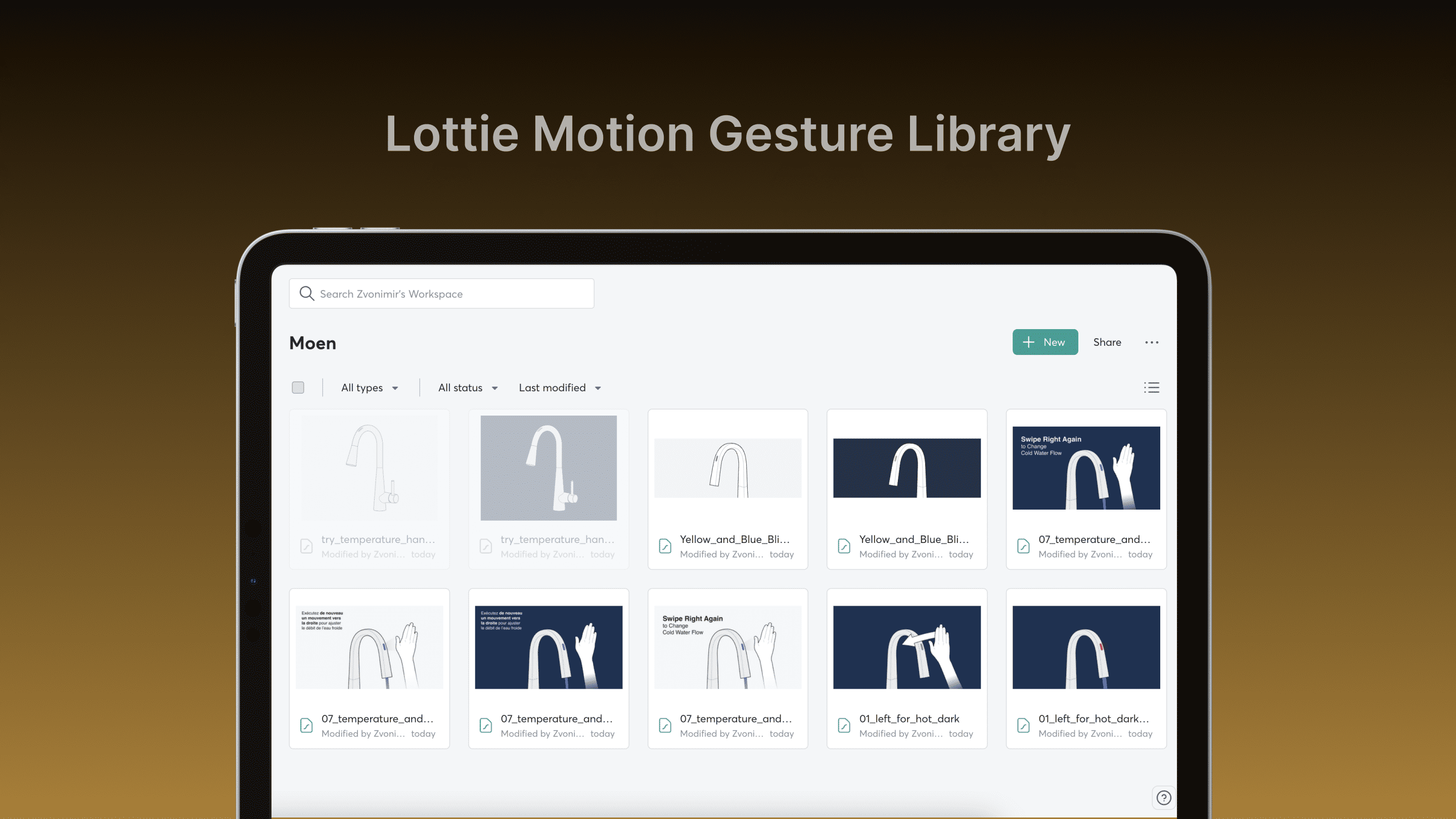 Screenshot of Lottie library with various faucet interactions.