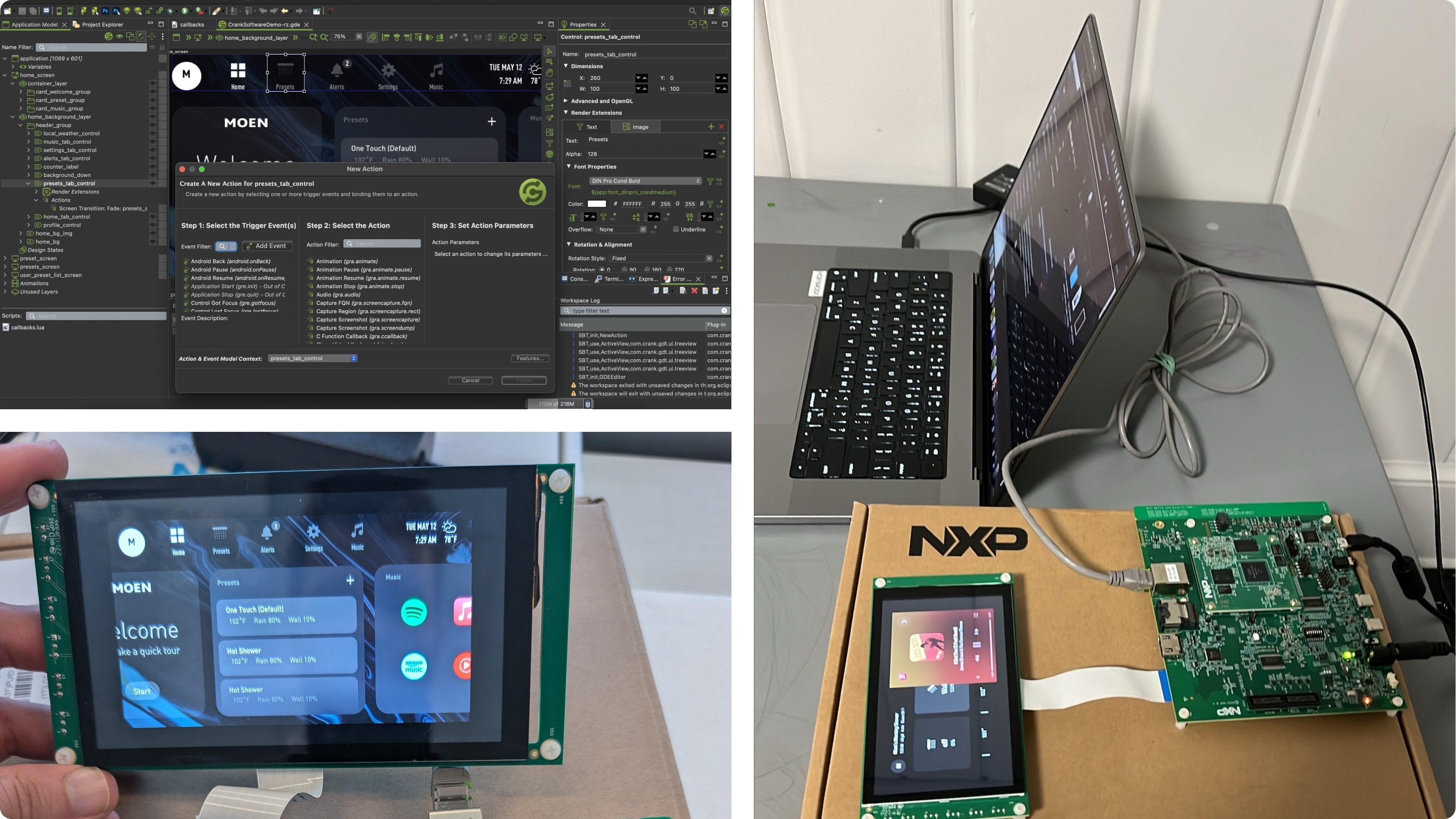 Crank Storyboard interface, Macbook pro connected to the NXP board and screen.