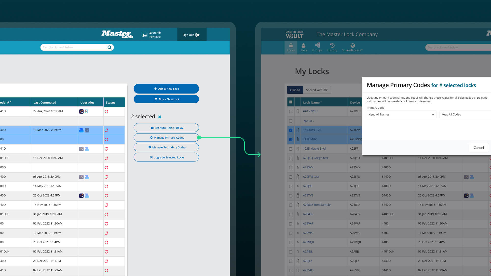 Manage codes screen tranisiton beetween selected locks and manage primary codes popup.
