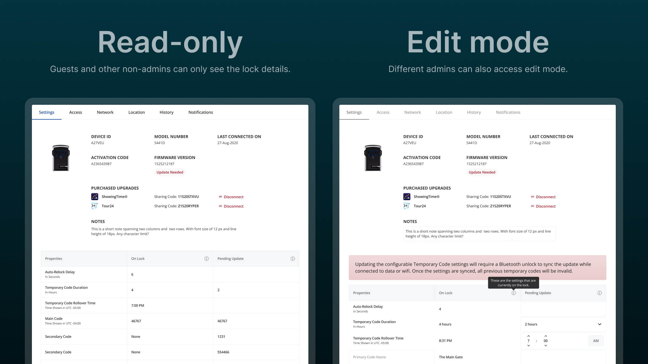 Images of lock details page in read-only and edit modes.