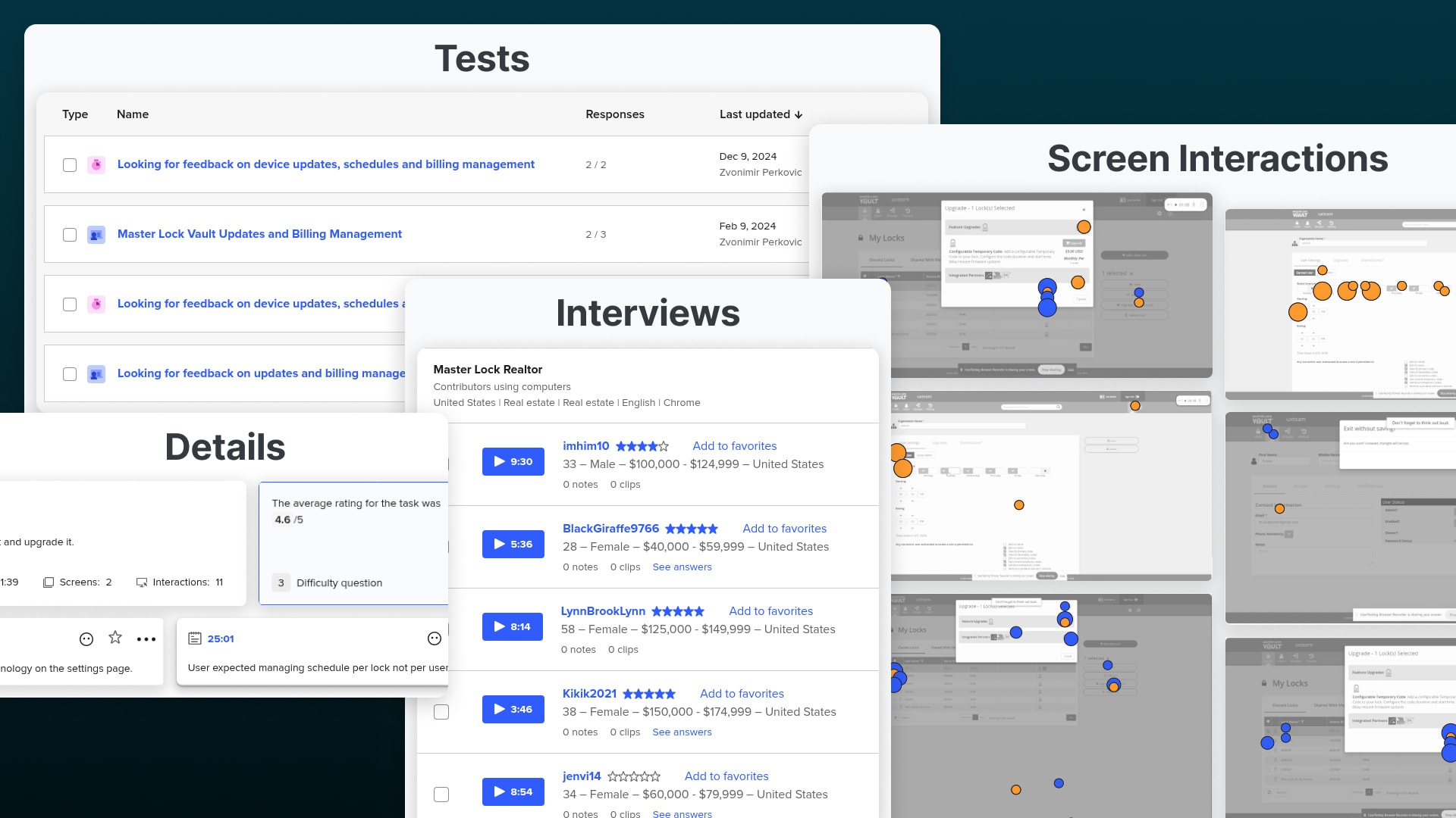 Collage made of user testing notes, details and screen interactions.