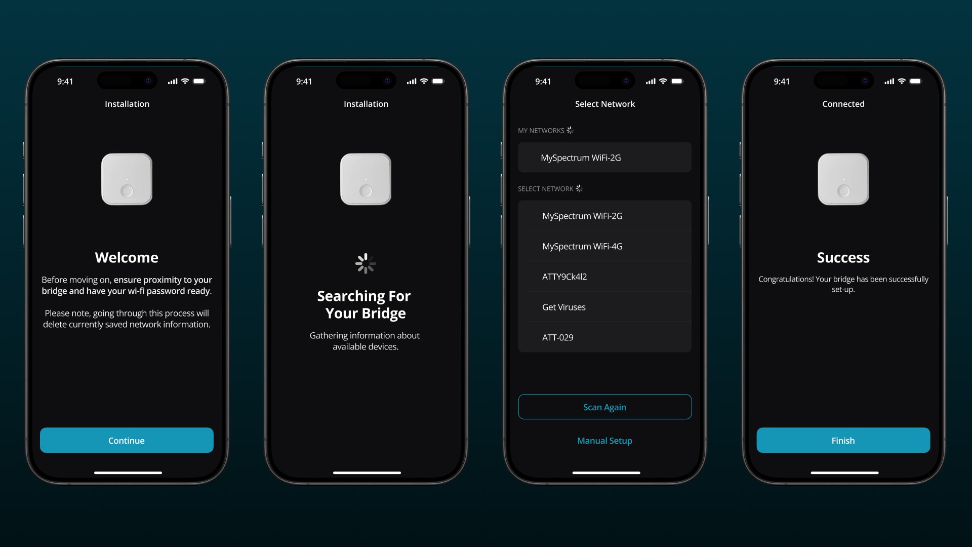 High-fidelity mockups of WiFi bridge connection and success screens.