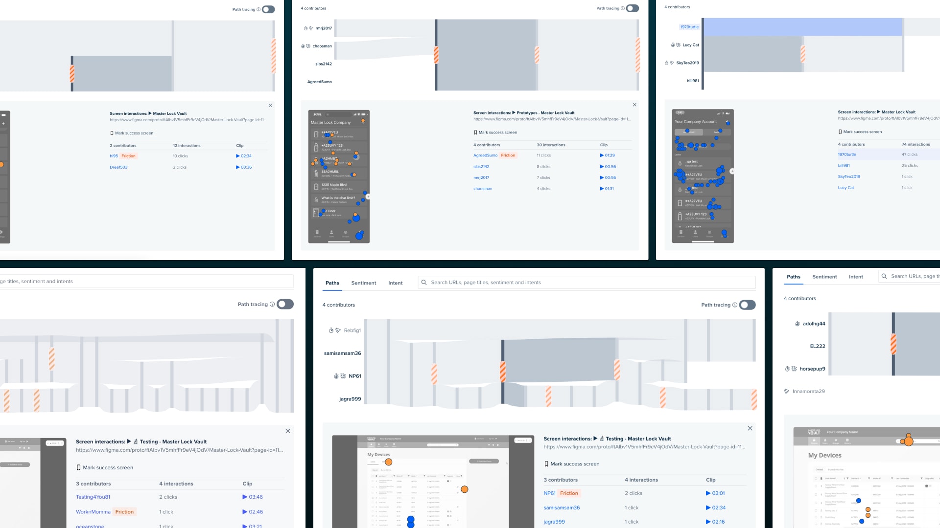 Screenshots of users tests from User Testing app displayed in a grid.