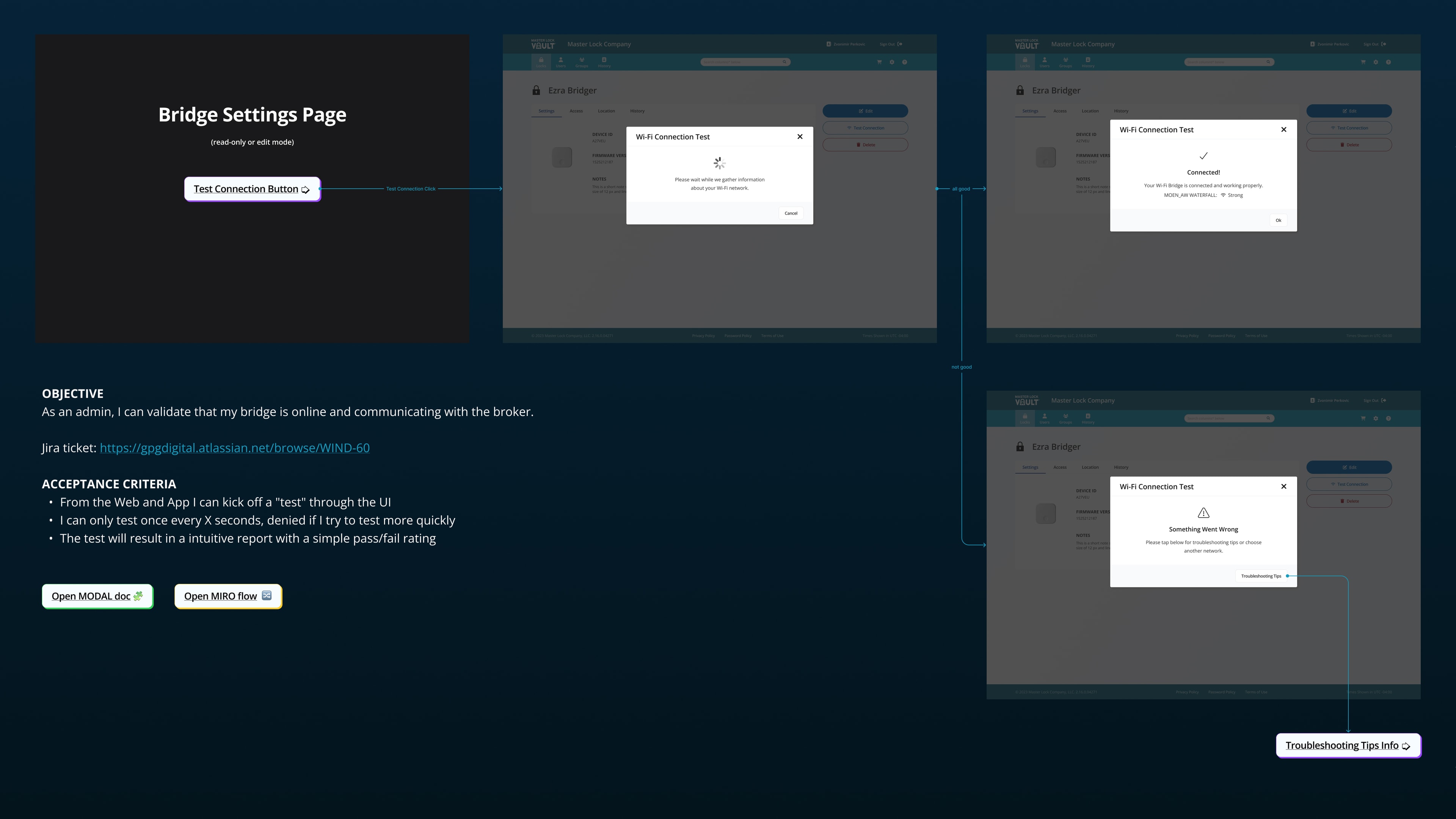 Wireflow describing how to check bridge wifi status in the web app with details for developers.